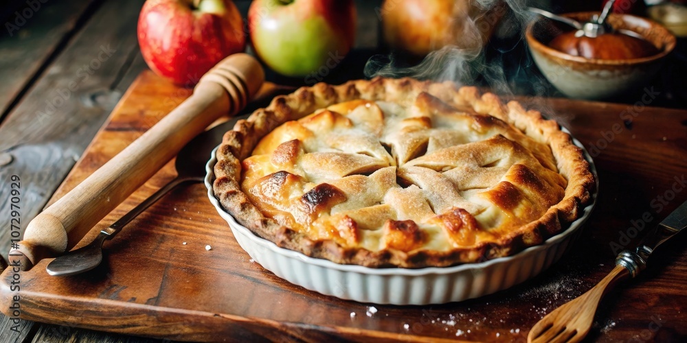 A freshly baked apple pie with a golden crust and a lattice top, emitting a warm, comforting steam, sits on a rustic wooden table, surrounded by apples, a rolling pin, and a spoon. A freshly baked apple pie with a golden crust and a lattice top, emitting a warm, comforting steam, sits on a rustic wooden table, surrounded by apples, a rolling pin, and a spoon.