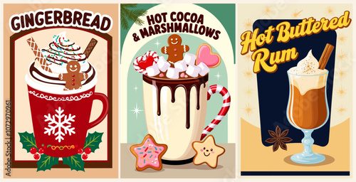 Christmas drinks retro poster set. Collection of popular holiday drinks. Hot buttered Rum, Hot Cocoa with marshmallows. Vintage flat vector illustrations for bar cart, seasonal wall art print