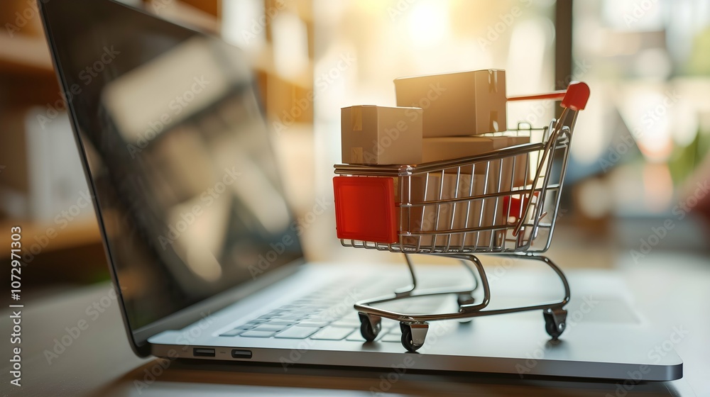 Product package boxes and shopping bag in cart with laptop computer which web store shop on screen for online shopping and delivery concept with miniature shopping cart standing in front of laptop