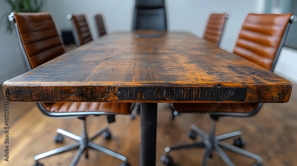Spacious and quiet empty meeting room, high-end office furniture, large conference table in center Spacious and quiet empty meeting room, high-end office furniture, large conference table in center