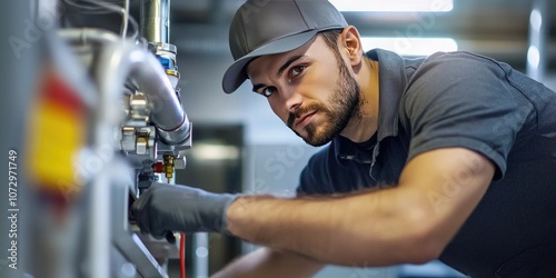 Technician inspecting and repairing a furnace in a home or commercial setting.