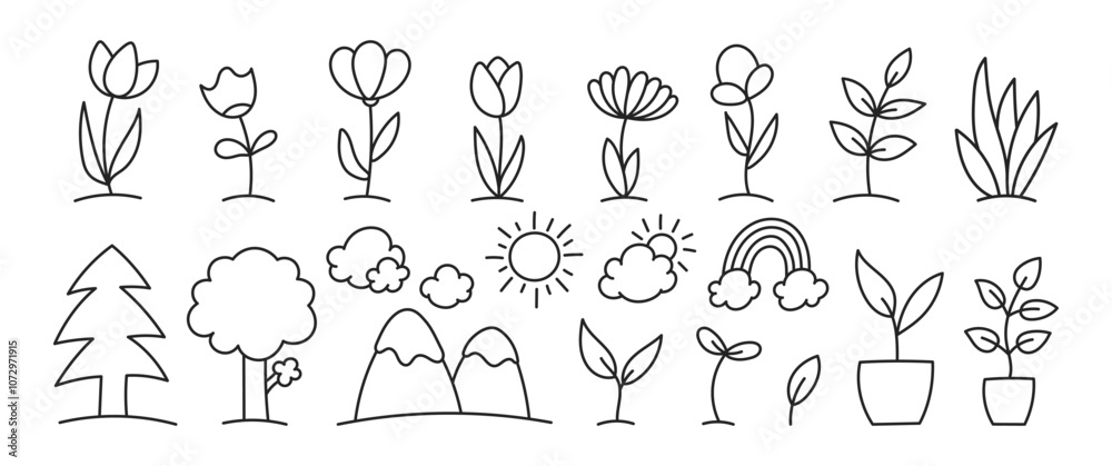 Set of hand drawn elements of environment with editable stroke. Flowers, clouds, rainbow and tree. Vector illustration on a white background. Set of hand drawn elements of environment with editable stroke. Flowers, clouds, rainbow and tree. Vector illustration on a white background.