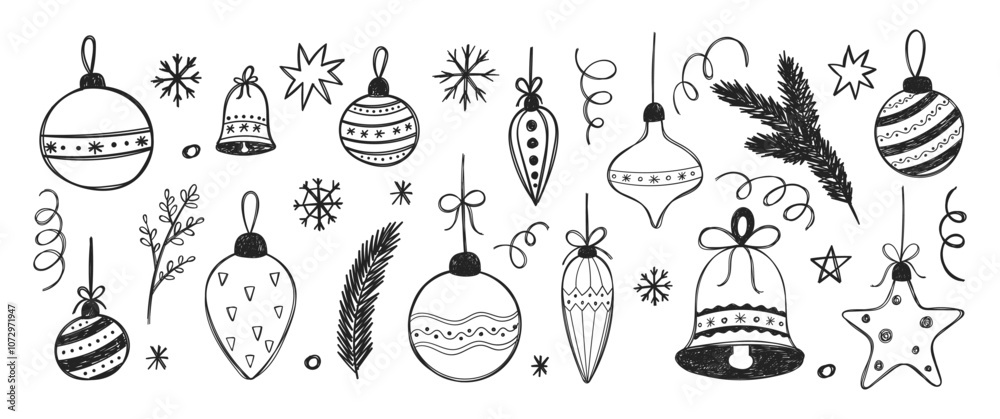 Hand drawn Christmas balls, stars and snowflakes with crayon or pencil texture. Doodle vector illustration on a white background. Hand drawn Christmas balls, stars and snowflakes with crayon or pencil texture. Doodle vector illustration on a white background.