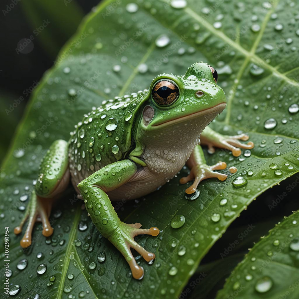 Obraz premium Frog on Dewy Leaf