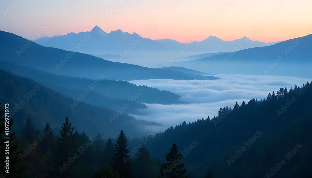 Fog over mountains with a beautiful forest Fog over mountains with a beautiful forest