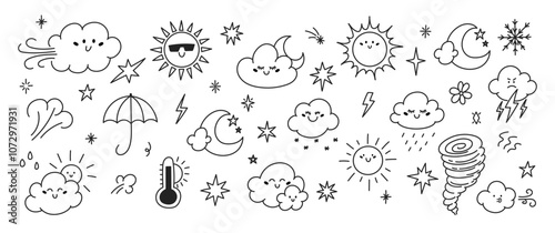 Set of hand drawn elements of weather with editable stroke. Clouds, clouds, hurricane, star and umbrella. Vector illustration on a white background.