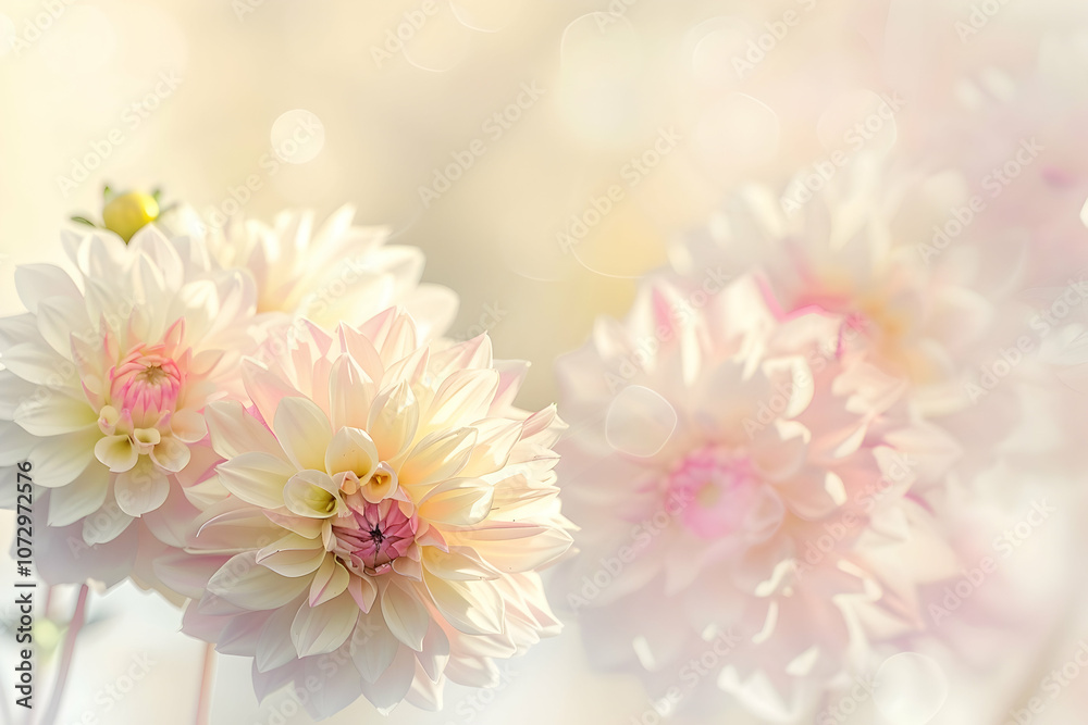 Pink and white dahlia flowers, with pastel colors, a blurred background, an ethereal and dreamy quality, soft focus, a bokeh effect Pink and white dahlia flowers, with pastel colors, a blurred background, an ethereal and dreamy quality, soft focus, a bokeh effect