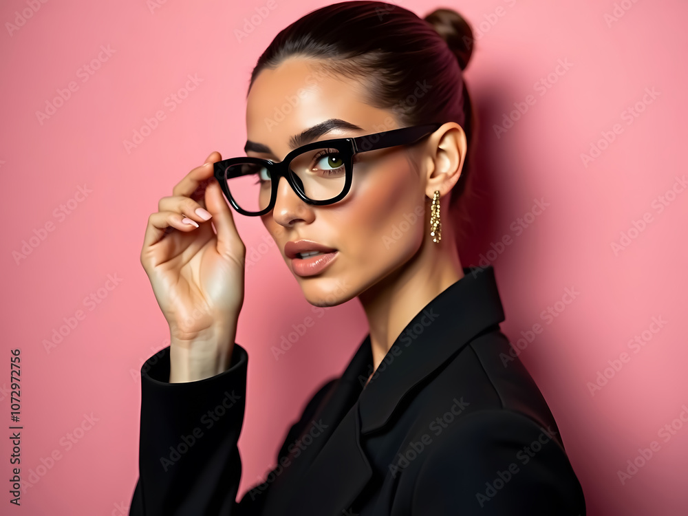 Close-Up of Beautiful Woman in Black Jacket and Glasses – Perfect for Fashion and Beauty Posters and Banners Close-Up of Beautiful Woman in Black Jacket and Glasses – Perfect for Fashion and Beauty Posters and Banners