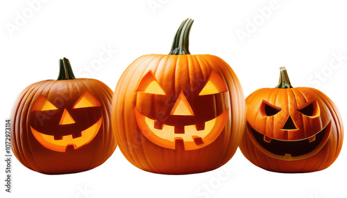 Scary carved halloween pumpkins isolated on transparent background