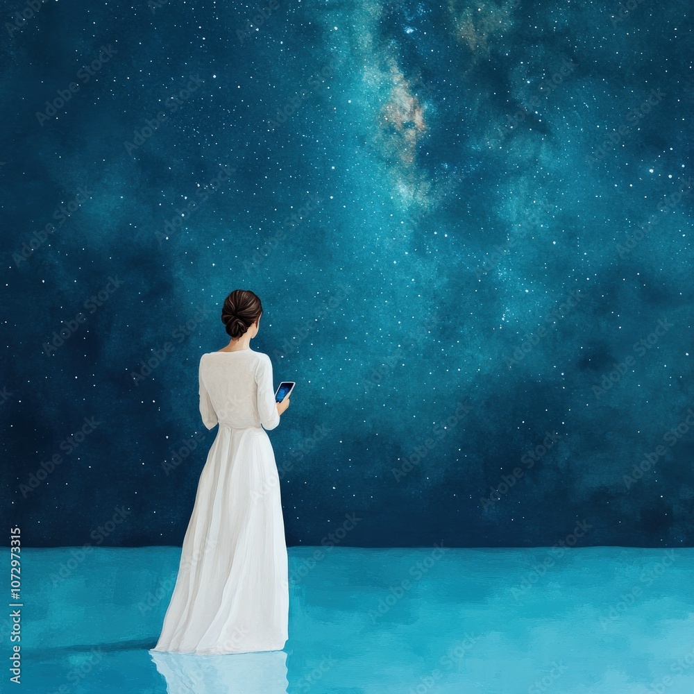 A woman gazes at a starry night sky. A woman gazes at a starry night sky.