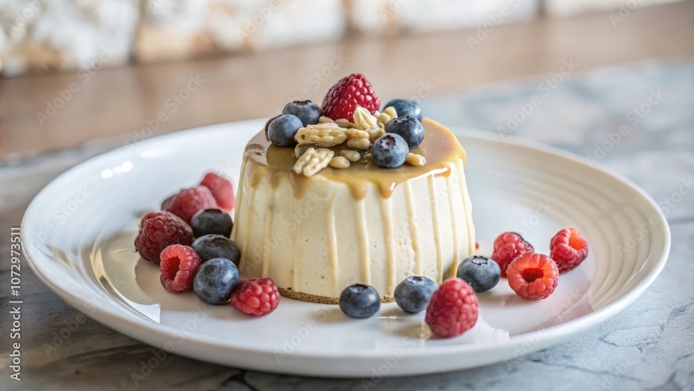 A single serving cheesecake topped with a drizzle of caramel, a scattering of nuts, and fresh blueberries and raspberries. A single serving cheesecake topped with a drizzle of caramel, a scattering of nuts, and fresh blueberries and raspberries.