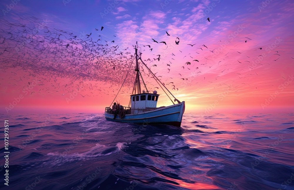 Fototapeta premium A boat on the water at sunset with birds flying