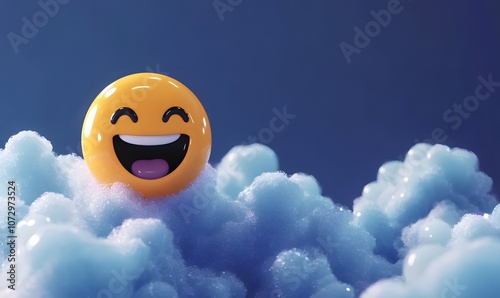 A 3D Smiley Face Emoticon Floating in Blue Clouds