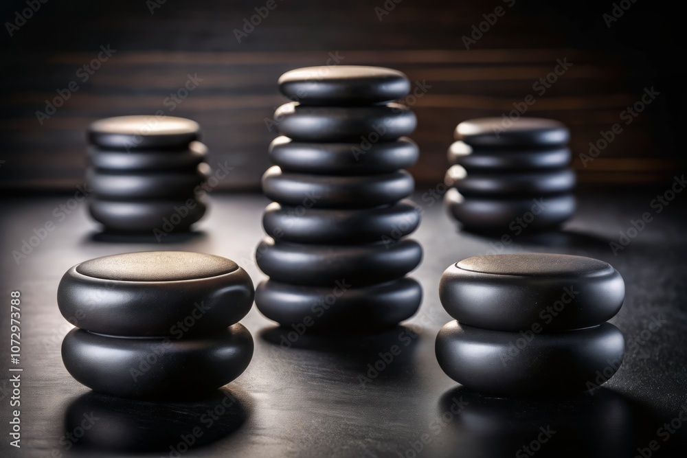 Close-Up of Stacked Black Circular Objects on a Smooth Surface in a Dimly Lit Environment, Emphasizing Minimalist Aesthetic with Long Exposure Technique for Artistic Effect Close-Up of Stacked Black Circular Objects on a Smooth Surface in a Dimly Lit Environment, Emphasizing Minimalist Aesthetic with Long Exposure Technique for Artistic Effect