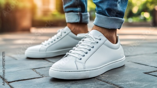 Summer shoes for men. Male legs in white leather sneakers, close-up. An assortment of leather shoes for men 