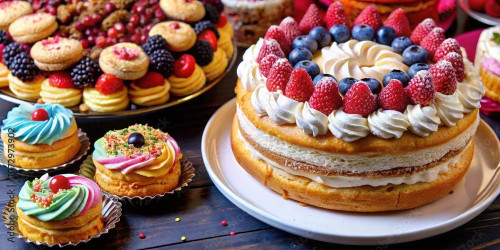 A delightful assortment of cakes, cupcakes and pastries decorated with fresh berries and swirls of cream. A delightful assortment of cakes, cupcakes and pastries decorated with fresh berries and swirls of cream.