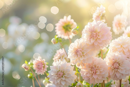 A soft pastel background featuring delicate, pale pink and cream-colored flowers like dahlias or roses, creating an ethereal atmosphere with space for text or images photo