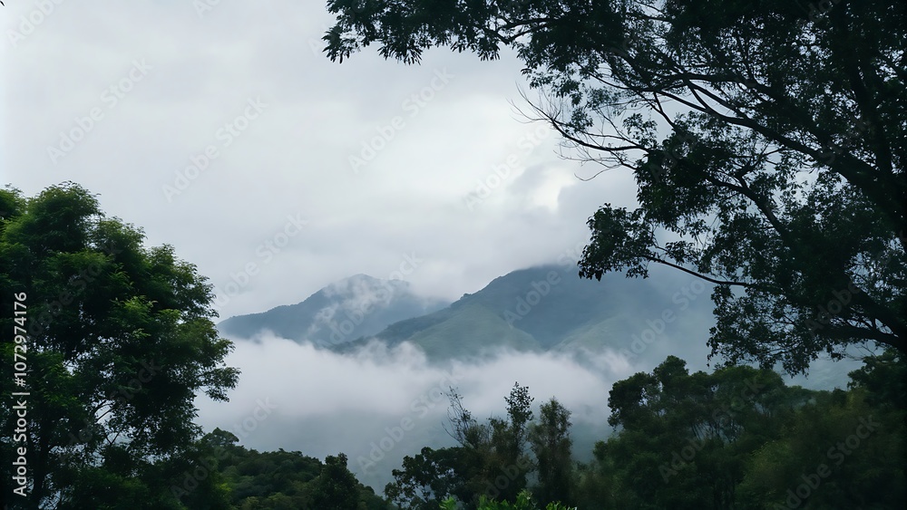 Fog over mountains with a beautiful forest