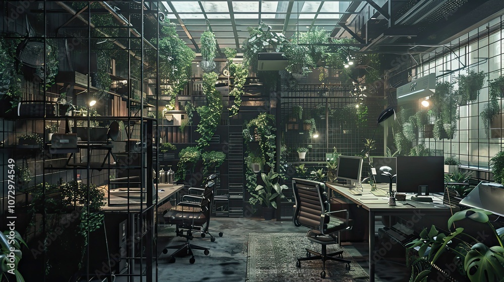 Indoor jungle office with a desk and chairs. Indoor jungle office with a desk and chairs.