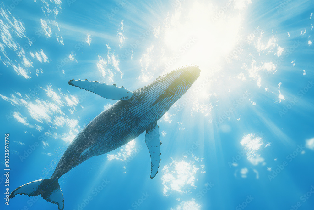 Naklejka premium A humpback whale swimming in the ocean, blue sky with sun rays shining through the clouds, shot from below the water surface, cinematic in style, a full-body shot with a depth blur effect.