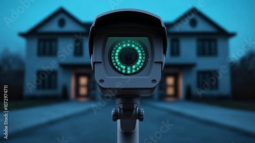 Wallpaper Mural A security camera with a green light is positioned in front of two houses at dusk, highlighting home surveillance and safety technology. Torontodigital.ca