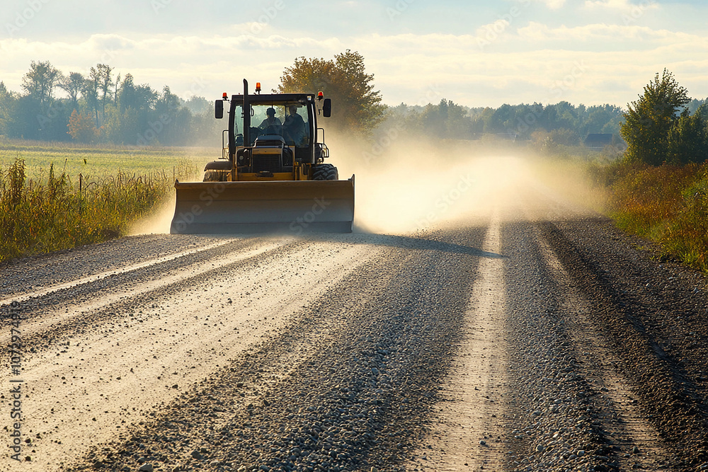 Fototapeta premium A grader operator levels the ground on a new road construction project