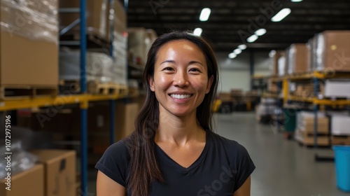 Warehouse manager smiles while overseeing operations in a busy distribution center