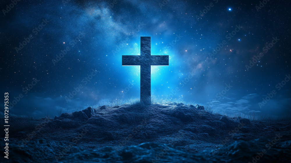 A majestic cross illuminated by blue light on a hillside under a starry sky, symbolizing faith A majestic cross illuminated by blue light on a hillside under a starry sky, symbolizing faith