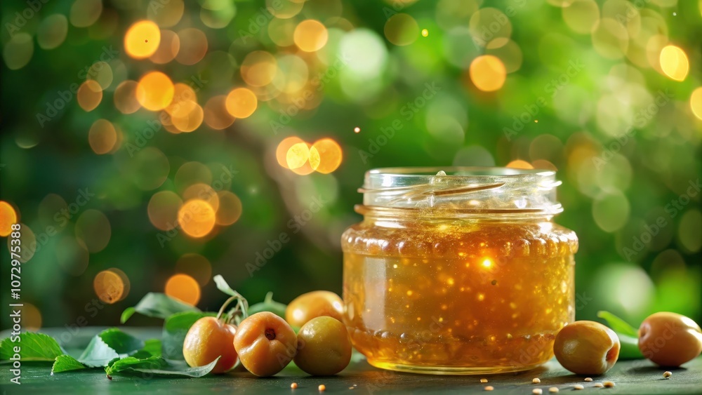 A Jar of Golden Fruit Preserves with a Soft Bokeh Background of Green and Yellow A Jar of Golden Fruit Preserves with a Soft Bokeh Background of Green and Yellow