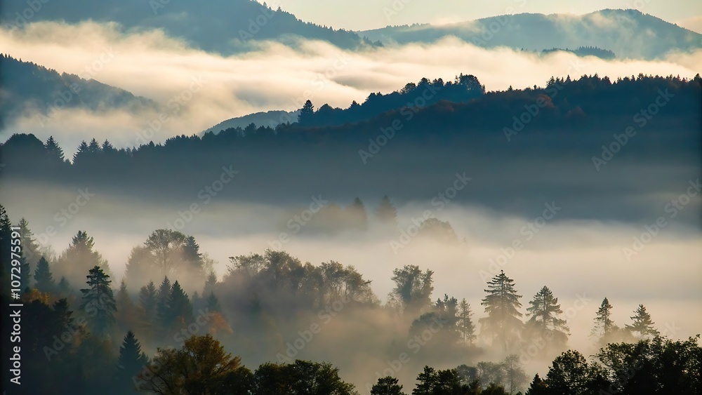 Fog over mountains with a beautiful forest Fog over mountains with a beautiful forest