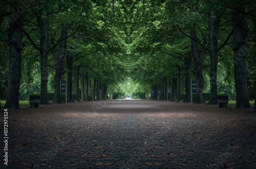 A serene pathway surrounded by green trees.