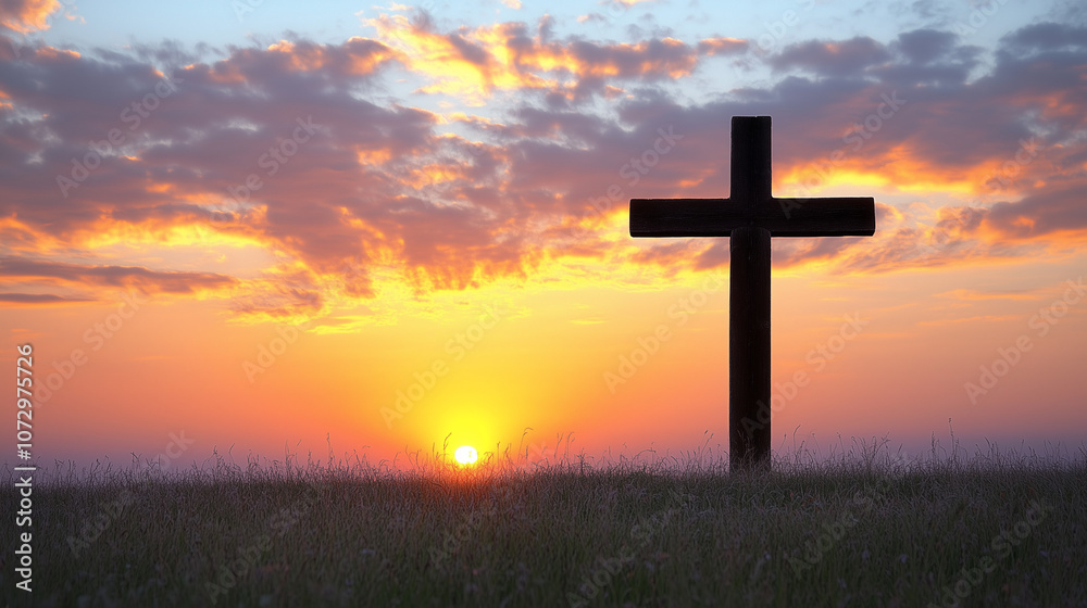 A wooden cross silhouetted against a stunning sunset sky, symbolizing hope and faith A wooden cross silhouetted against a stunning sunset sky, symbolizing hope and faith