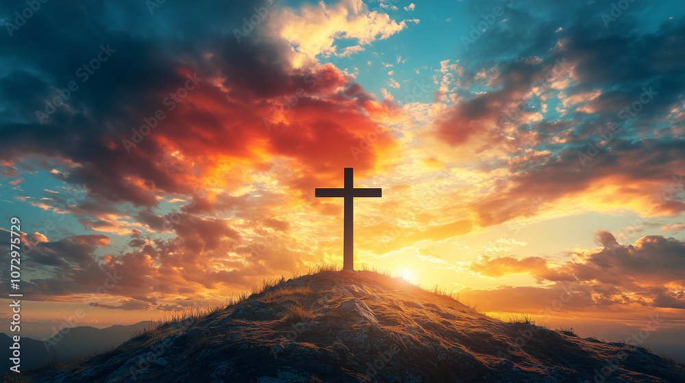 A striking cross perched atop a hill under a vibrant sky at sunset, radiating hope and faith A striking cross perched atop a hill under a vibrant sky at sunset, radiating hope and faith