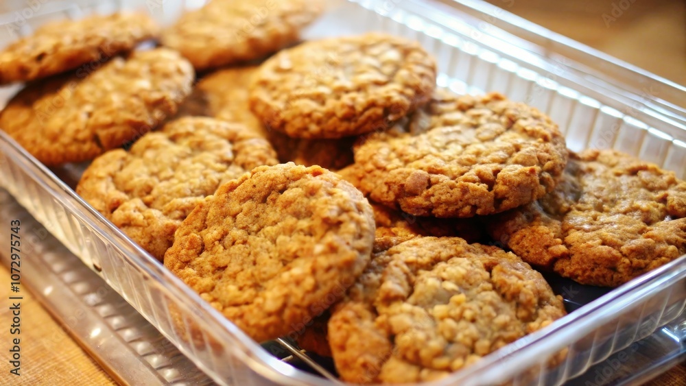 A Close-Up View of Golden Brown Cookies in a Clear Plastic Container, Ready to Be Enjoyed A Close-Up View of Golden Brown Cookies in a Clear Plastic Container, Ready to Be Enjoyed