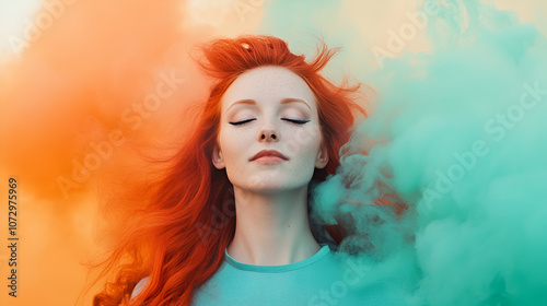 Surreal Fantasy portrait of a mystical woman with red hair surrounded by vibrant orange and turquoise smoke, creating a dreamy and ethereal atmosphere; magic and spiritual