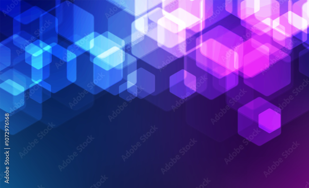 Modern abstract blue and purple background with glowing hexagons. Hexagon shape design. for brochure, science, website, banner, flyer, presentation, cover