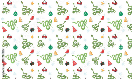 beautiful christmas pattern with snakes and new year elements, 2025, year of the snake