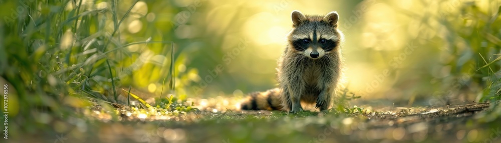 Fototapeta premium A raccoon walking through a sunny forest path.