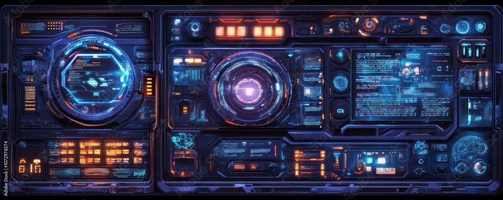 Fototapeta premium Futuristic control panel with digital interface elements and neon lights. Sci-fi technology and space concept.