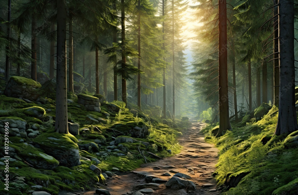 Obraz premium Sunlit path through a mossy forest.