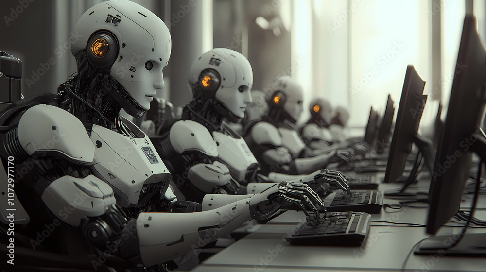 Group of White Humanoid Robots with Dark Gray and Light Beige Facial Features Working at Desks in a Modern Futuristic Office – High-Resolution Sci-Fi Movie Scene Style