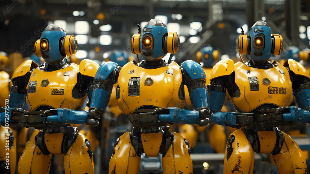 Photorealistic Humanoid Robots in Yellow and Teal Standing on a High-Tech Production Line in a Modern Factory Photorealistic Humanoid Robots in Yellow and Teal Standing on a High-Tech Production Line in a Modern Factory