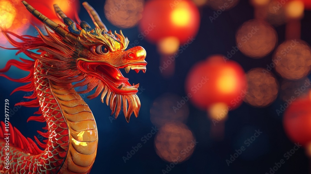 Fototapeta premium A vibrant dragon sculpture illuminated by lanterns, representing cultural significance and festive atmosphere.
