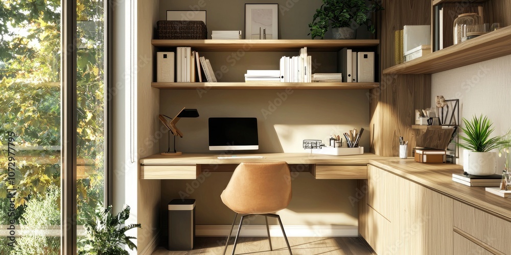 Compact home office interior featuring a desk and shelves in a small space.