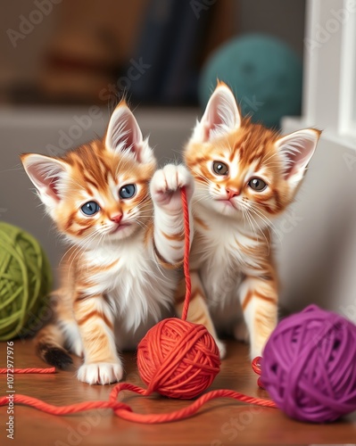 Two adorable orange tabby kittens play with a ball of yarn, surrounded by colorful balls of yarn on a wooden floor photo