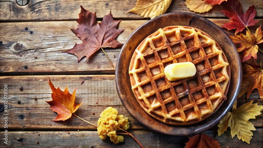 Golden Waffle with a Pat of Butter, Nestled Among Autumn Leaves on a Rustic Wooden Surface