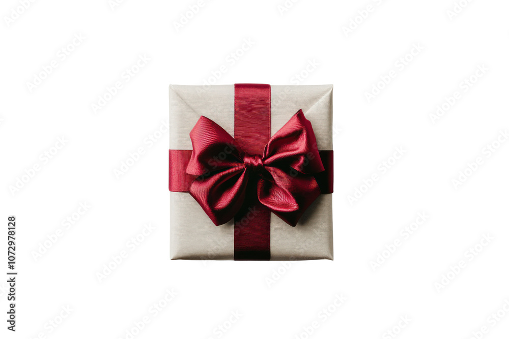 A beautifully wrapped gift box featuring a vibrant red bow, positioned centrally on a soft light grey background. A beautifully wrapped gift box featuring a vibrant red bow, positioned centrally on a soft light grey background.