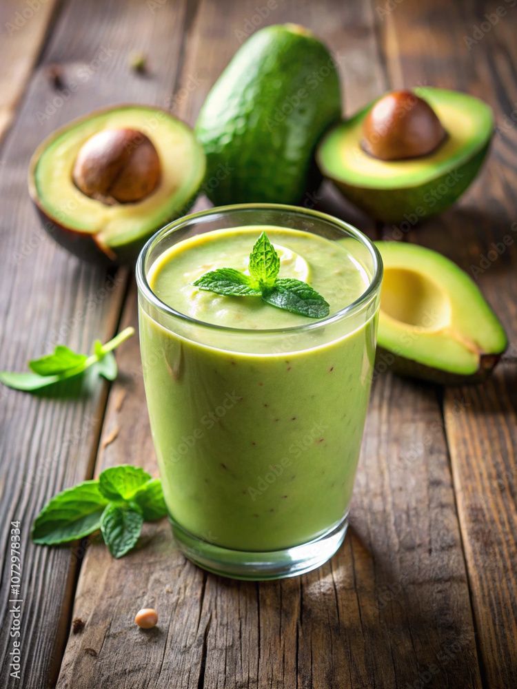 Avocado milk smoothie in the glass on the wooden table Avocado milk smoothie in the glass on the wooden table
