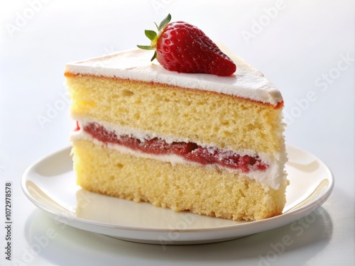 Delectable Sponge Cake Slice on Clean White Background - A Tantalizing Food Photography Shot Perfect for Culinary Inspiration and Dessert Menus photo