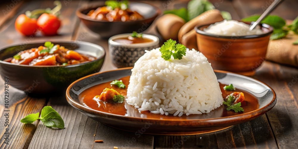 Delicious Asian Cuisine: A Plate of Steamed Rice Accompanied by a Flavorful Bowl of Sauce and a Generous Serving of Rice for a Mouthwatering Culinary Experience Delicious Asian Cuisine: A Plate of Steamed Rice Accompanied by a Flavorful Bowl of Sauce and a Generous Serving of Rice for a Mouthwatering Culinary Experience